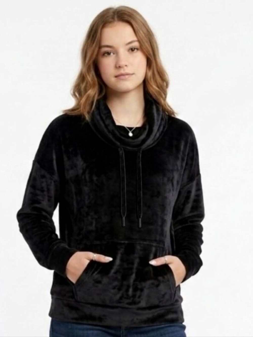 Pink Rose Black Plush Cowl Neck Hoodie Sweatshirt Large NWT